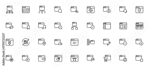 Windows & Applications icon set. Minimal line web icns. Includes symbols for bowser, website, search, pament, shopping, design, prgramming and more. Editabl vector.