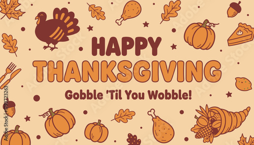Cute Thanksgiving greeting illustration with text and autumn elements