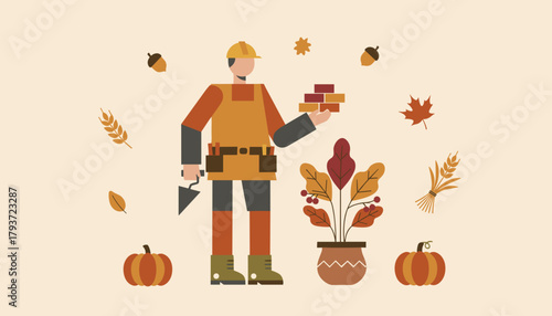 Flat illustration of a construction worker holding bricks surrounded by autumn harvest elements