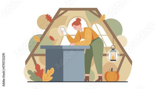 Worried woman checking email on smartphone in cozy autumnal Aframe cabin