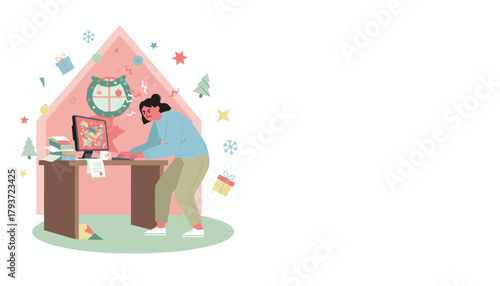 Holiday burnout Angry woman working on computer amidst Christmas stress and excessive workload