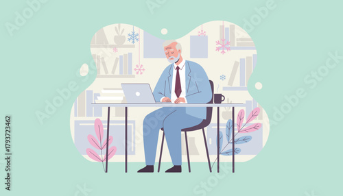 Senior professional working on laptop at desk Remote business concept illustration in winter setting
