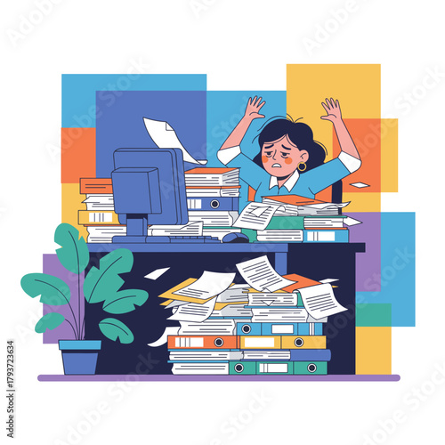 Stressed worker buried under a massive pile of paperwork illustrating workload stress and burnout