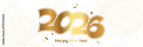 Elegant golden 2026 New Year greeting with sparkling confetti and a soft festive background. Vector illustration for holiday banners, greeting cards and celebration designs.