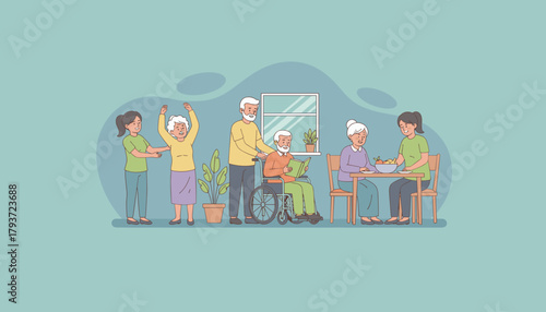 Seniors enjoying care and activities exercise reading and dining with caregivers Happy lifestyle