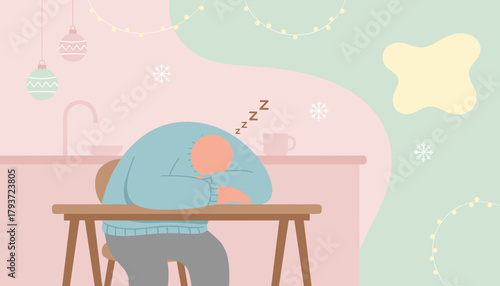 Exhausted person asleep on the kitchen table celebrating pastel Christmas holidays