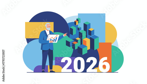Senior executive presenting 2026 business growth plan showing chart analysis and colorful abstract data
