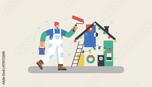 Professional painter decorating home for Christmas Winter renovation vector