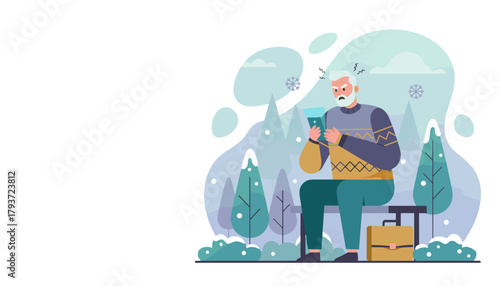 Angry senior man struggles with technology on his smartphone while sitting on a cold winter park bench