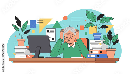 Stressed senior worker overwhelmed by workload and burnout at the office desk