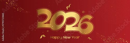 Elegant golden 2026 New Year greeting with sparkling confetti and a red festive background. Vector illustration for holiday banners, greeting cards and celebration designs.