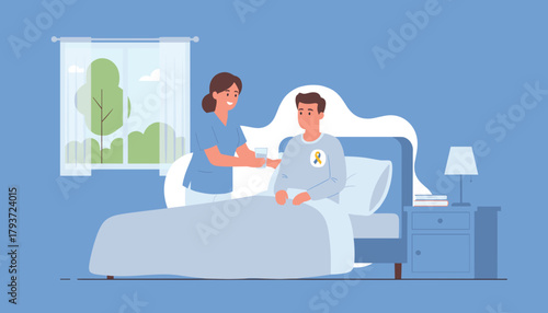 Professional nurse cares for a patient in bed providing comfort and medical assistance