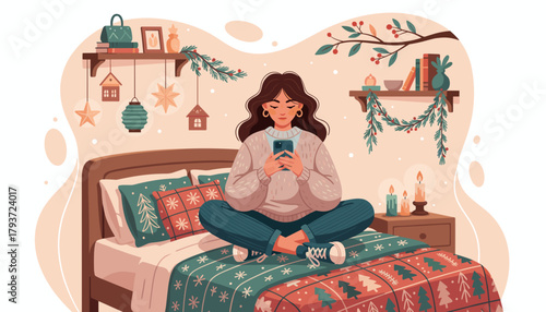 Woman using phone in a cozy festive bedroom Winter digital communication and comfort