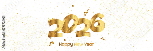 Golden 2026 New Year greeting design with sparkling confetti and a clean white festive background. Vector illustration for holiday banners, greeting cards and celebration graphics.