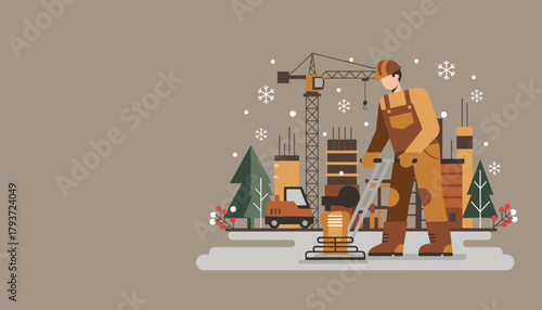 Winter construction work illustration with worker crane and city development