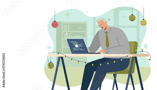 Exhausted senior businessman sleeping at his desk during the holidays Overworked concept