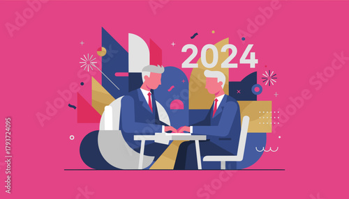 Two senior executives negotiate or collaborate at a table with 2024 graphics in the background