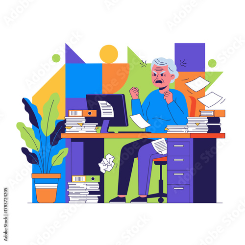 Senior worker overwhelmed by excessive office paperwork illustrating stress burnout and anger