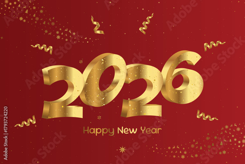 Golden 2026 New Year greeting design with sparkling confetti and a red white festive background. Vector illustration for holiday banners, greeting cards and celebration graphics.