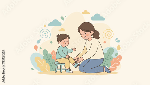 Mother helping her smiling child wear shoes Family bonding care and parenting illustration