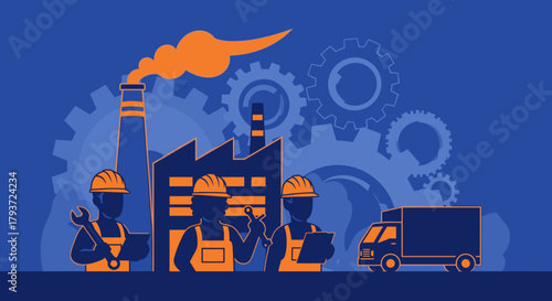 Industrial manufacturing workers factory and logistics truck graphic Production concept