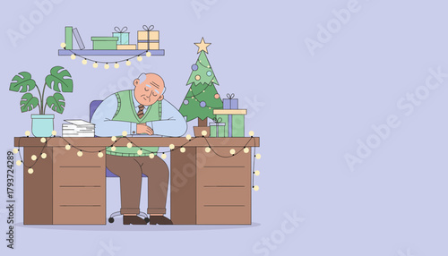 Overworked senior man asleep at his Christmasdecorated office desk Holiday exhaustion concept
