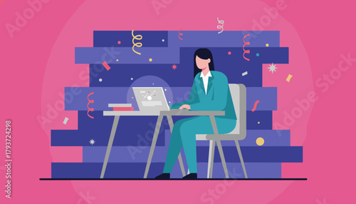 Successful professional woman working on a laptop during a celebratory milestone