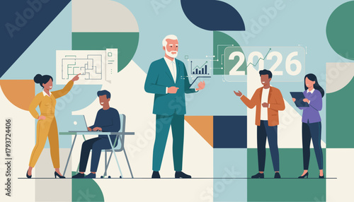 Business team analyzing data blueprints and strategies for growth in 2026