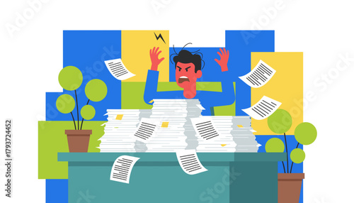 Angry worker overwhelmed by huge stack of paperwork illustrating stress and burnout