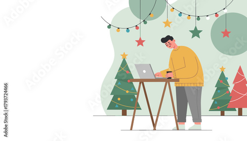 Tired man working on laptop during the festive holiday season feeling burnout or stress