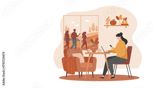 Cozy autumn workspace woman uses laptop and phone indoors while viewing outdoor activity