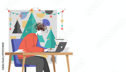 Overwhelmed worker with tangled thoughts typing on a laptop during the stressful holiday season