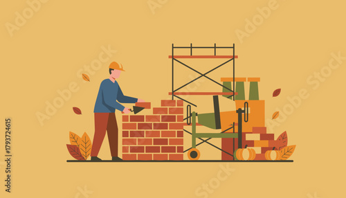 Construction worker laying bricks with cement mixer and scaffolding in an autumn setting Vector illustration