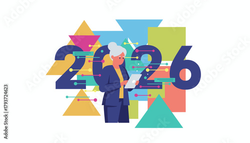 Senior professional calculating 2026 future Technology abstract data and geometric business planning