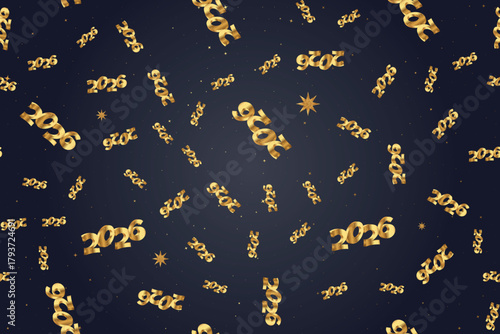 Seamless pattern with golden 2026 numbers scattered across a dark festive background with sparkling stars. New Year design for holiday banners, wrapping paper, greeting cards and seasonal promotional.