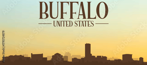 Panoramic poster of the city skyline with misty background buildings, hills sunrise, sunset and clouds of BUFFALO, UNITED STATES