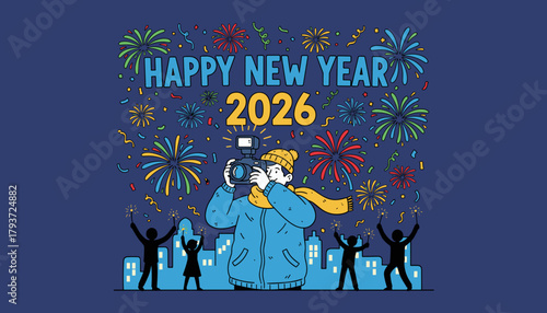 Festive illustration of a photographer capturing the 2026 New Year fireworks and city celebration