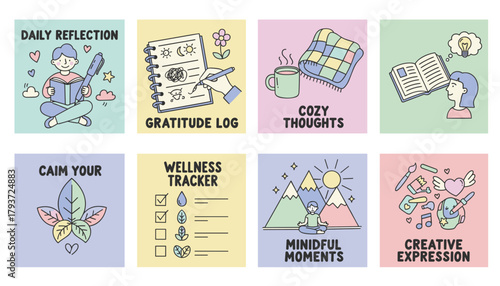 Selfcare and mental wellness activities collection reflection gratitude mindfulness relaxation and creativity