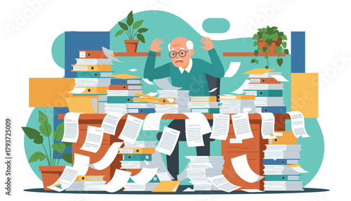 Stressed senior man overwhelmed by mountains of paperwork struggling with bureaucracy and deadlines