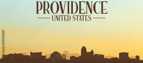 Panoramic poster of the city skyline with misty background buildings, hills sunrise, sunset and clouds of PROVIDENCE, UNITED STATES