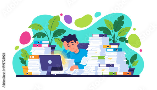 Overwhelmed office worker surrounded by paper stacks experiencing job stress and burnout