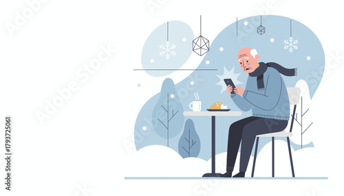 Elderly man shocked by phone message while having coffee in a winter cafe illustration