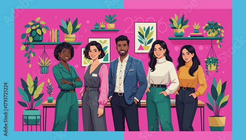 Diverse smiling professional business team portrait in a vibrant plantfilled modern office environment