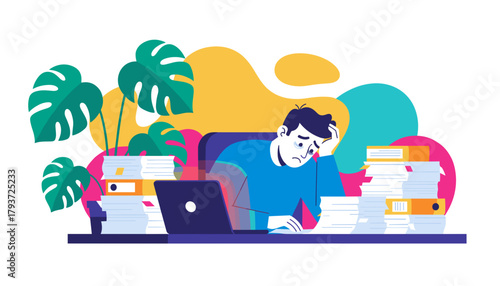 Exhausted worker stressed by huge workload and piles of paper documents in a flat design illustration