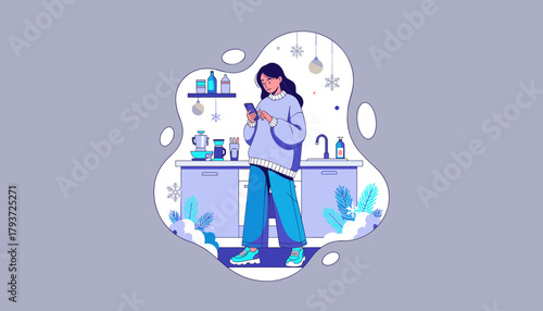 Casual woman uses smartphone in a cozy decorated kitchen during winter holidays