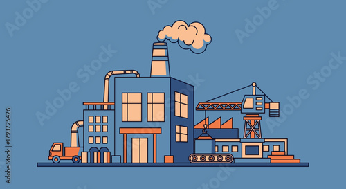 Minimalist illustration of a large production facility with machinery crane and smokestack