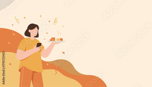 Woman uses phone while serving hot food plate Party event planning online order concept