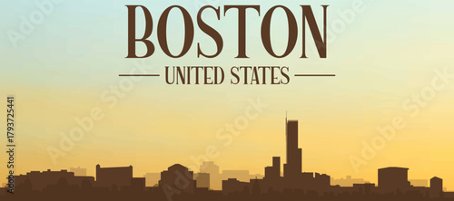 Panoramic poster of the city skyline with misty background buildings, hills sunrise, sunset and clouds of BOSTON, UNITED STATES