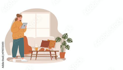 Cozy woman uses tablet in falldecorated living room Home leisure and relaxation