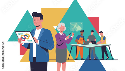 Diverse team collaborating on business strategy using technology intergenerational mentorship